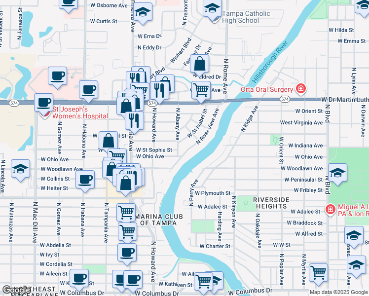 map of restaurants, bars, coffee shops, grocery stores, and more near 4129 North Albany Avenue in Tampa