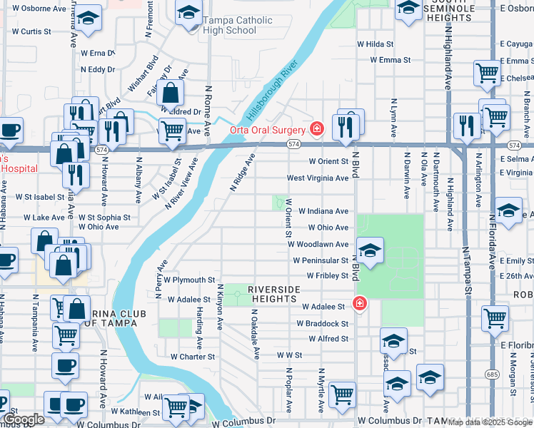 map of restaurants, bars, coffee shops, grocery stores, and more near 914 West Indiana Avenue in Tampa