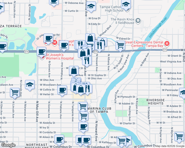 map of restaurants, bars, coffee shops, grocery stores, and more near 2309 West Saint Sophia Street in Tampa
