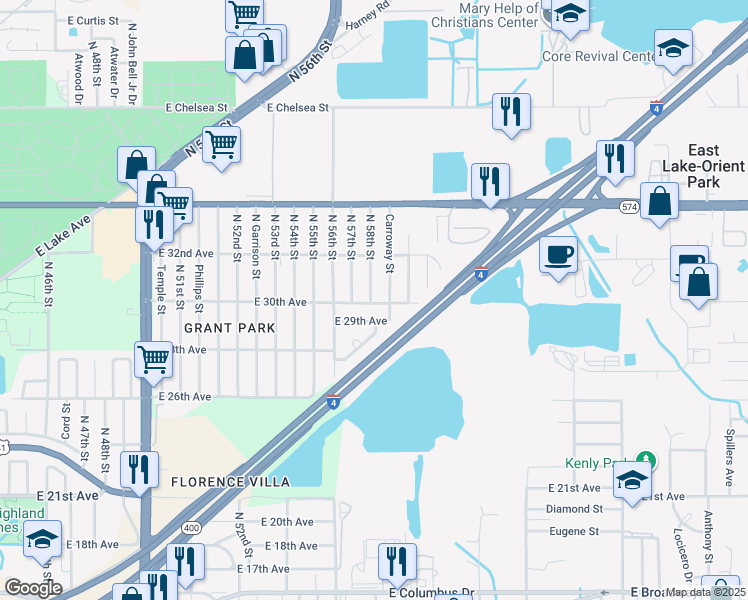 map of restaurants, bars, coffee shops, grocery stores, and more near 5802A East 30th Avenue in Tampa