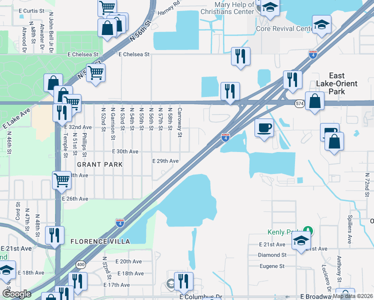 map of restaurants, bars, coffee shops, grocery stores, and more near 3702 Wiggins Leaf Street in Tampa