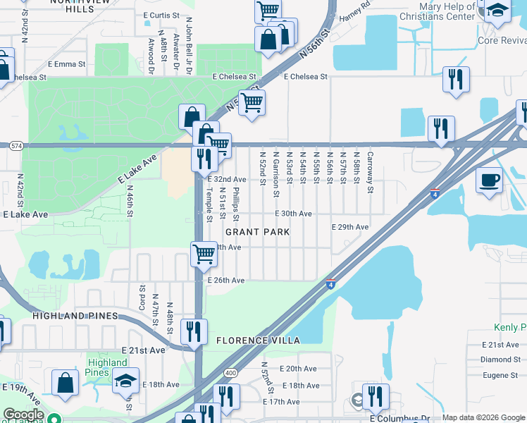 map of restaurants, bars, coffee shops, grocery stores, and more near 3702 North 52nd Street in Tampa