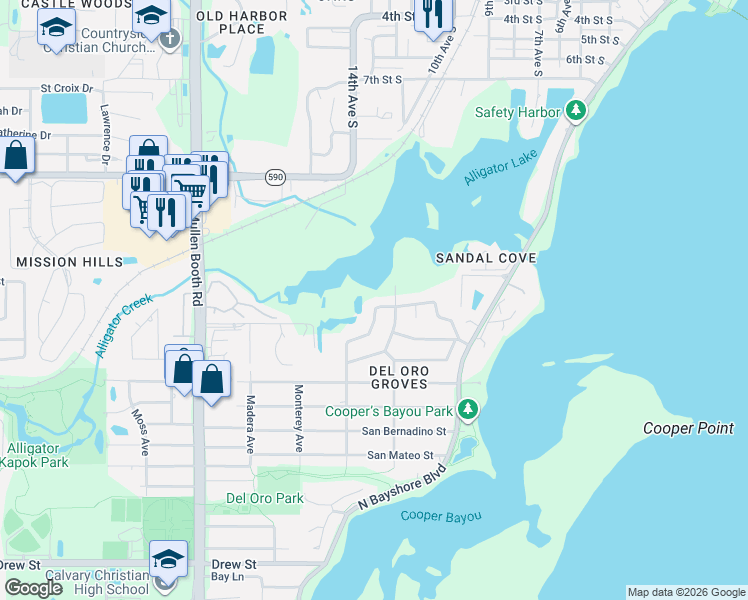 map of restaurants, bars, coffee shops, grocery stores, and more near 1306 Alameda Avenue in Clearwater