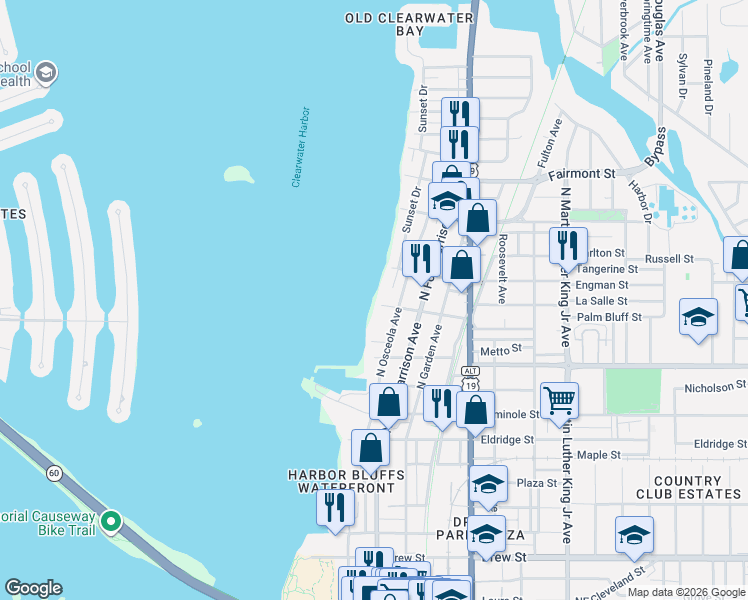 map of restaurants, bars, coffee shops, grocery stores, and more near 1200 Palm Bluff Preserve Drive in Clearwater