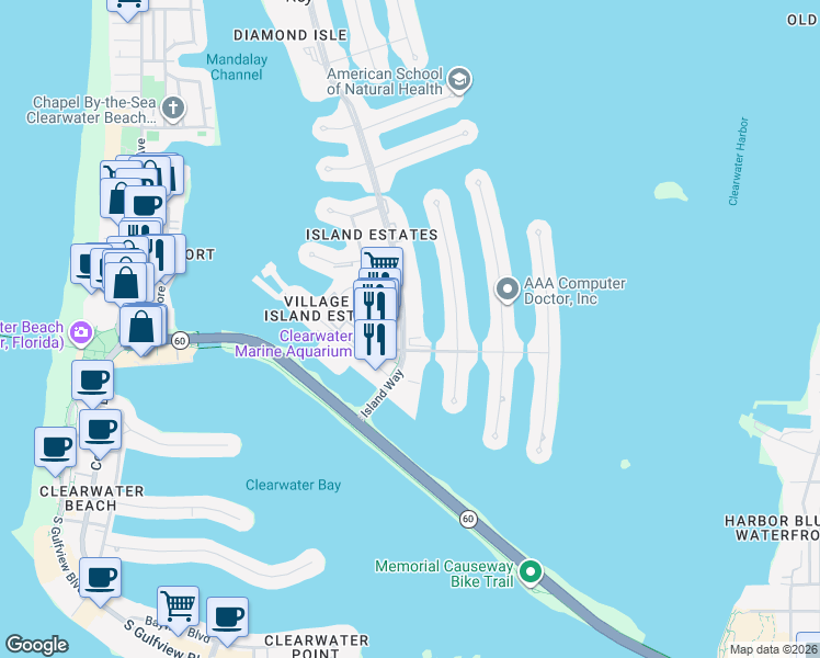 map of restaurants, bars, coffee shops, grocery stores, and more near 121 Island Way in Clearwater