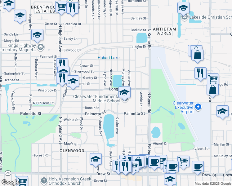 map of restaurants, bars, coffee shops, grocery stores, and more near 1660 Webb Drive North in Clearwater