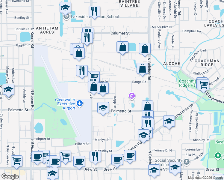 map of restaurants, bars, coffee shops, grocery stores, and more near 1150 Kapp Drive in Clearwater