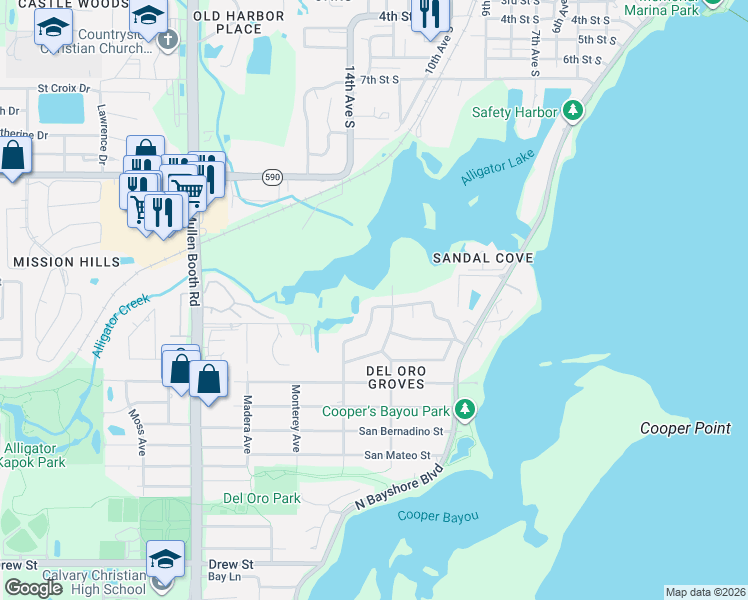 map of restaurants, bars, coffee shops, grocery stores, and more near 1304 Alameda Avenue in Clearwater