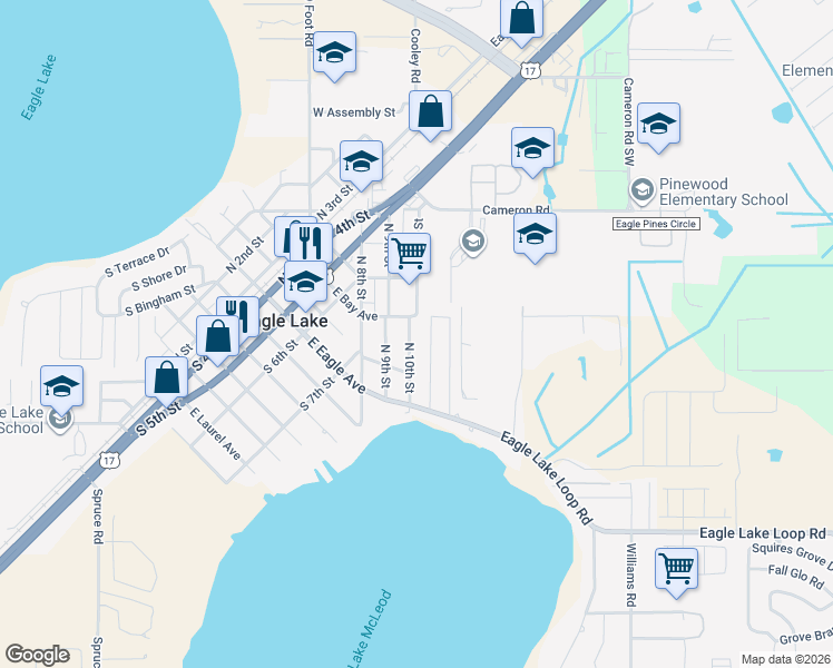 map of restaurants, bars, coffee shops, grocery stores, and more near 860 North 10th Street in Eagle Lake