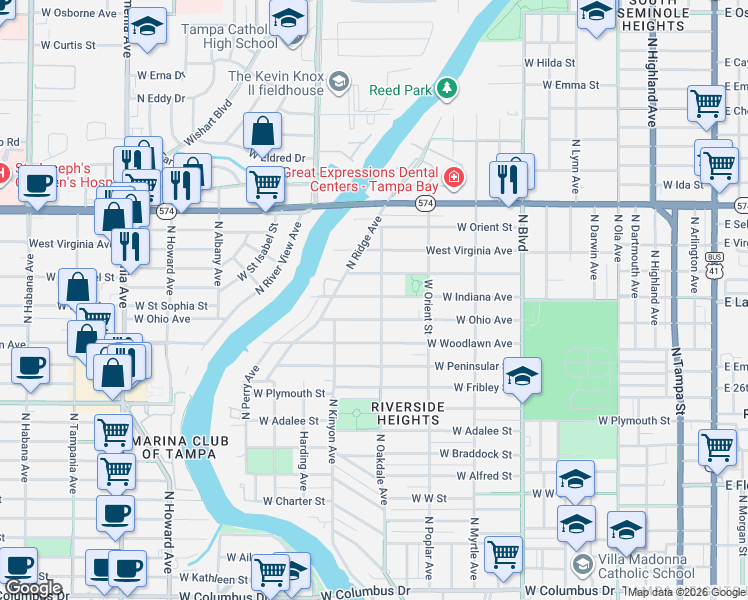 map of restaurants, bars, coffee shops, grocery stores, and more near 1010 West Indiana Avenue in Tampa