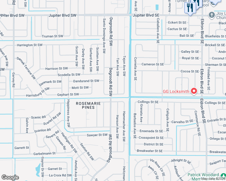 map of restaurants, bars, coffee shops, grocery stores, and more near 891 Degroodt Road Southwest in Palm Bay