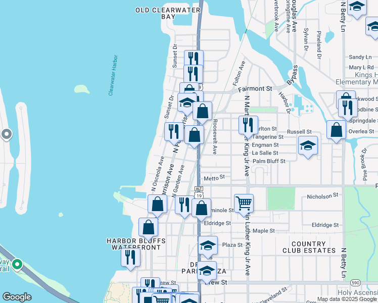 map of restaurants, bars, coffee shops, grocery stores, and more near 1209 North Garden Avenue in Clearwater