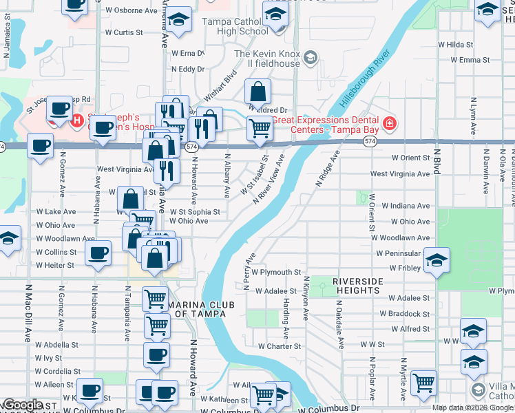 map of restaurants, bars, coffee shops, grocery stores, and more near 4133 North River View Avenue in Tampa