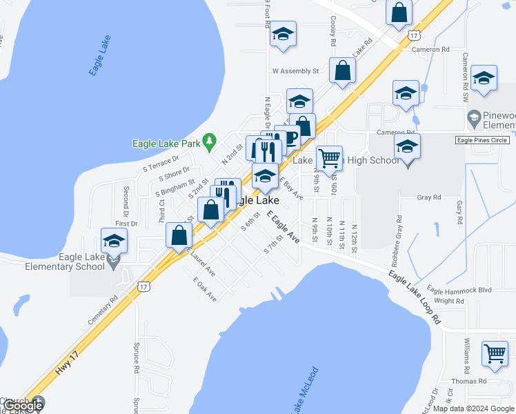 map of restaurants, bars, coffee shops, grocery stores, and more near 550 East Eagle Avenue in Eagle Lake