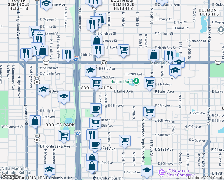 map of restaurants, bars, coffee shops, grocery stores, and more near 1006 East Lake Avenue in Tampa
