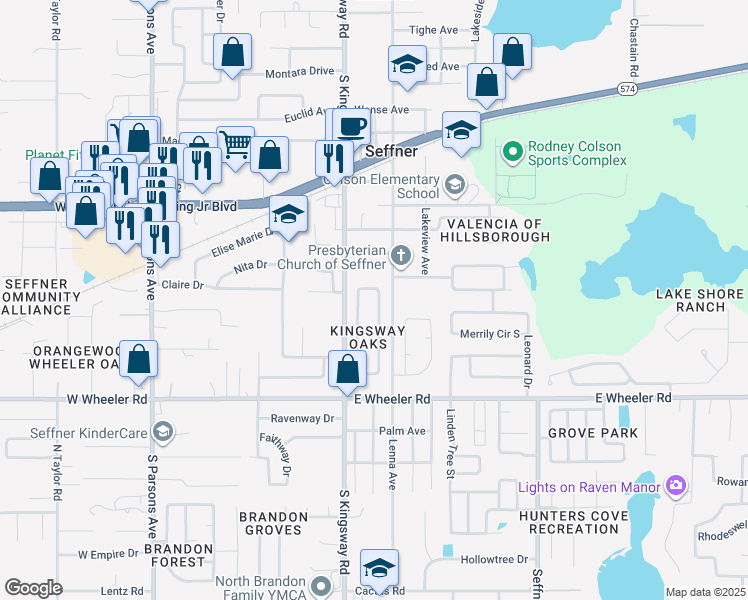 map of restaurants, bars, coffee shops, grocery stores, and more near 2212 Towering Oaks Circle in Seffner