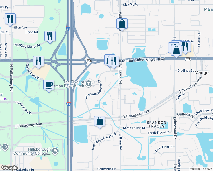 map of restaurants, bars, coffee shops, grocery stores, and more near 3802 Valley Tree Drive in Tampa