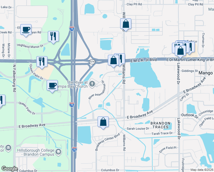 map of restaurants, bars, coffee shops, grocery stores, and more near 3802 Valley Tree Drive in Tampa
