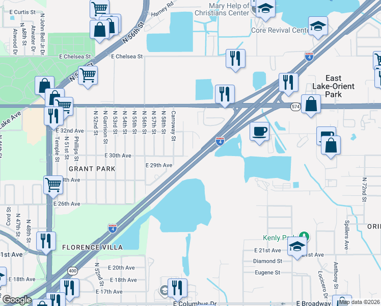 map of restaurants, bars, coffee shops, grocery stores, and more near 3702 Wiggins Leaf Street in Tampa