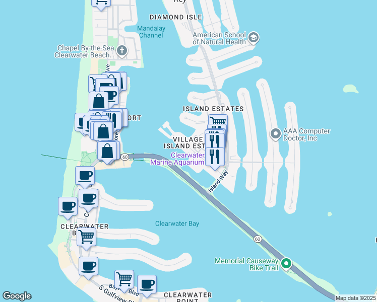 map of restaurants, bars, coffee shops, grocery stores, and more near 235 Windward Passage in Clearwater