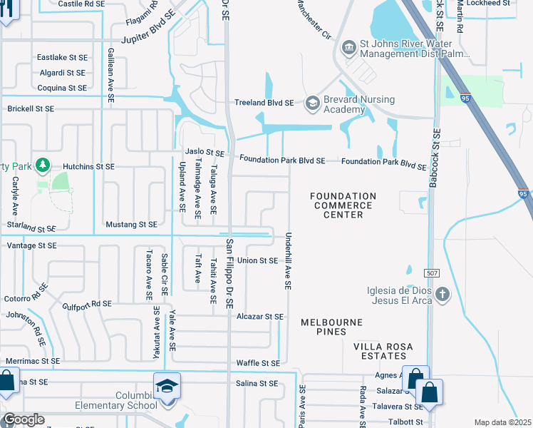 map of restaurants, bars, coffee shops, grocery stores, and more near 875 Yacolt Road Southeast in Palm Bay