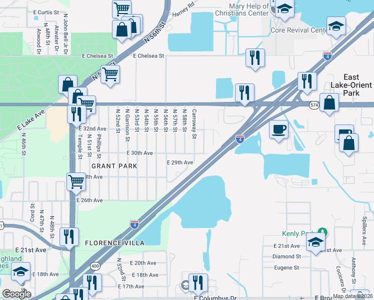 map of restaurants, bars, coffee shops, grocery stores, and more near 3703 North 58th Street in Tampa