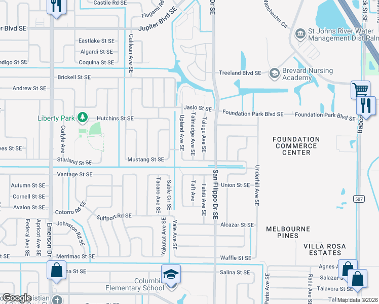 map of restaurants, bars, coffee shops, grocery stores, and more near 872 Talmadge Avenue Southeast in Palm Bay