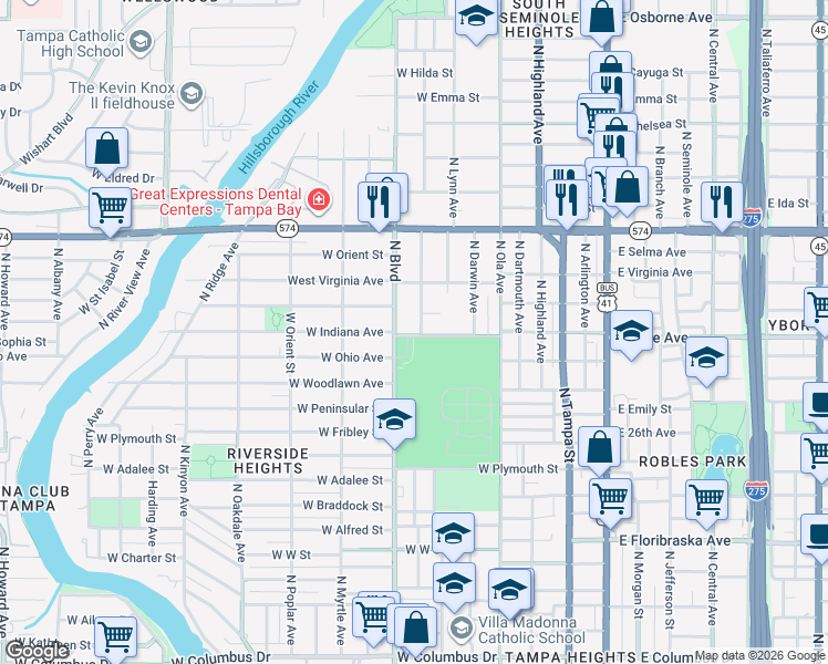map of restaurants, bars, coffee shops, grocery stores, and more near 3702 N Clearfield Ave in Tampa