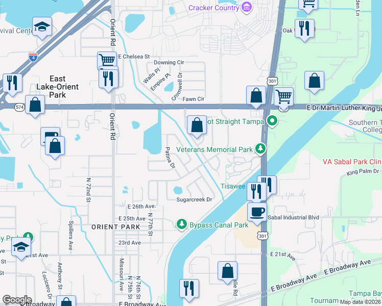 map of restaurants, bars, coffee shops, grocery stores, and more near 3713 Ambermist Drive in Tampa