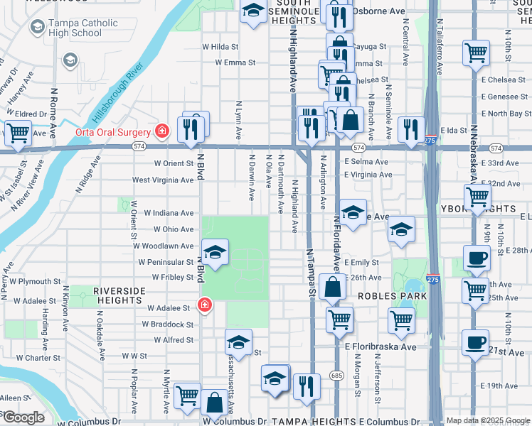 map of restaurants, bars, coffee shops, grocery stores, and more near 3702 North Ola Avenue in Tampa