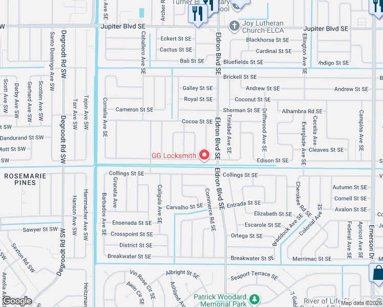 map of restaurants, bars, coffee shops, grocery stores, and more near 881 Airport Avenue Southeast in Palm Bay