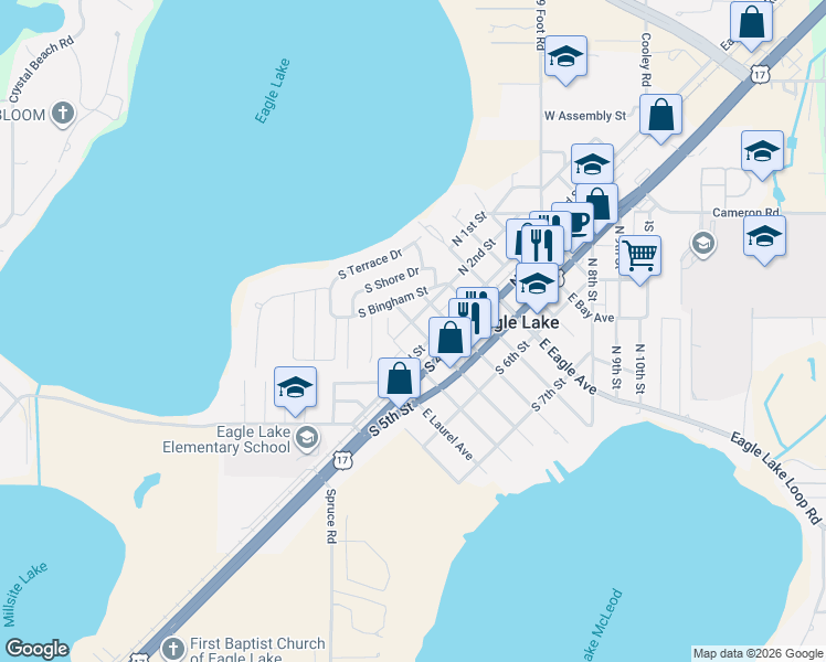 map of restaurants, bars, coffee shops, grocery stores, and more near 252 West McLeod Avenue in Eagle Lake
