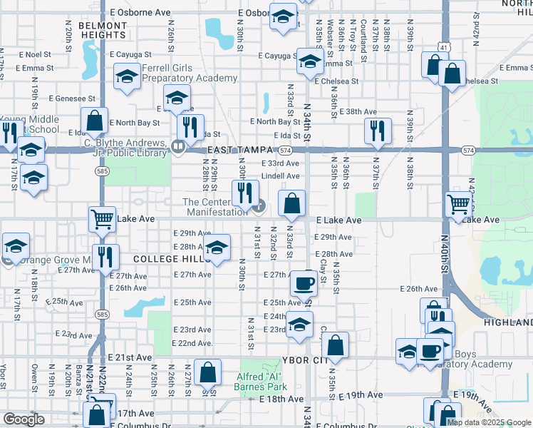 map of restaurants, bars, coffee shops, grocery stores, and more near 3106 East Lake Avenue in Tampa