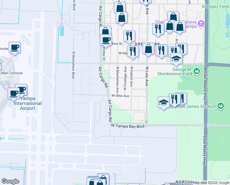 map of restaurants, bars, coffee shops, grocery stores, and more near 4204 North Manhattan Avenue in Tampa