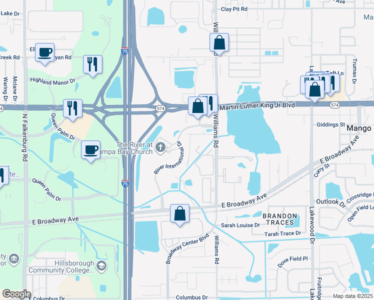 map of restaurants, bars, coffee shops, grocery stores, and more near 3802 Valley Tree Drive in Tampa