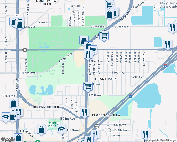 map of restaurants, bars, coffee shops, grocery stores, and more near 3702 Temple Street in Tampa