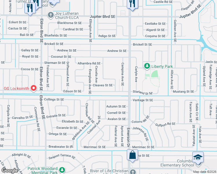 map of restaurants, bars, coffee shops, grocery stores, and more near 766 Cleaves Street Southeast in Palm Bay
