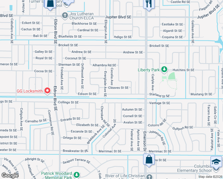 map of restaurants, bars, coffee shops, grocery stores, and more near 718 Cleaves Street Southeast in Palm Bay