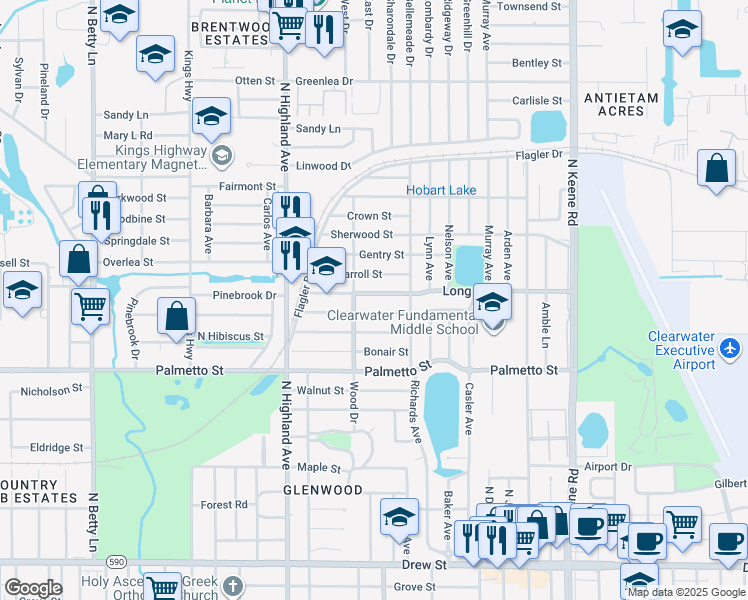 map of restaurants, bars, coffee shops, grocery stores, and more near 1565 Long Street in Clearwater