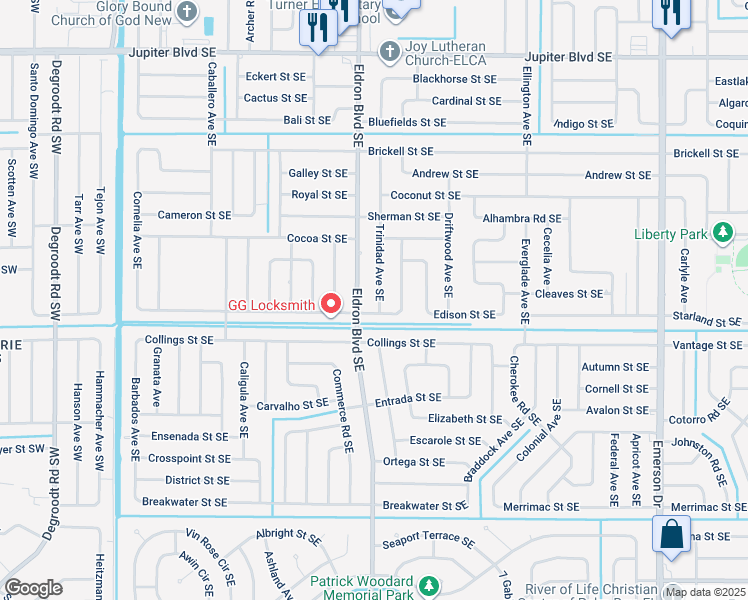 map of restaurants, bars, coffee shops, grocery stores, and more near 886 Trinidad Avenue Southeast in Palm Bay