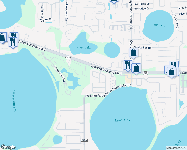 map of restaurants, bars, coffee shops, grocery stores, and more near 627 Reflections Loop West in Winter Haven