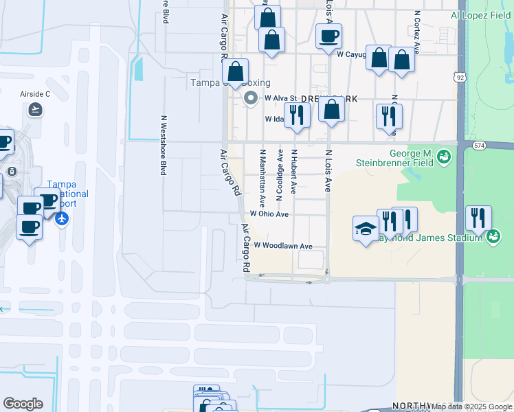 map of restaurants, bars, coffee shops, grocery stores, and more near 4204 North Manhattan Avenue in Tampa