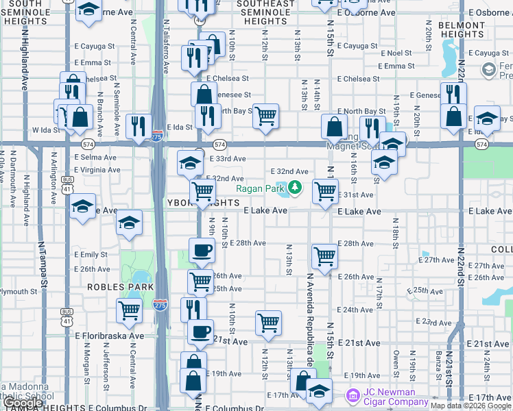 map of restaurants, bars, coffee shops, grocery stores, and more near 1104 East Lake Avenue in Tampa