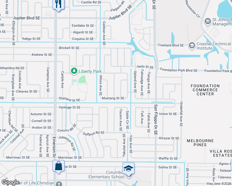 map of restaurants, bars, coffee shops, grocery stores, and more near 883 Charcoal Avenue Southeast in Palm Bay
