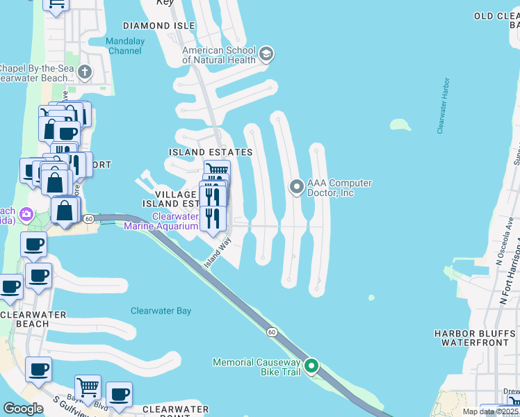 map of restaurants, bars, coffee shops, grocery stores, and more near 118 Leeward Island in Clearwater
