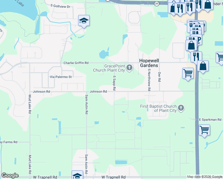 map of restaurants, bars, coffee shops, grocery stores, and more near 1204 Johnson Road in Plant City