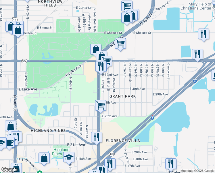 map of restaurants, bars, coffee shops, grocery stores, and more near 3702 Temple Street in Tampa