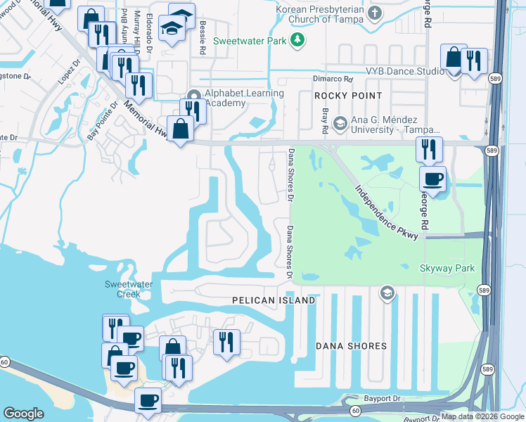 map of restaurants, bars, coffee shops, grocery stores, and more near 4148 Rocky Shores Drive in Tampa