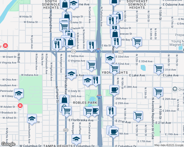 map of restaurants, bars, coffee shops, grocery stores, and more near 3701 North Central Avenue in Tampa
