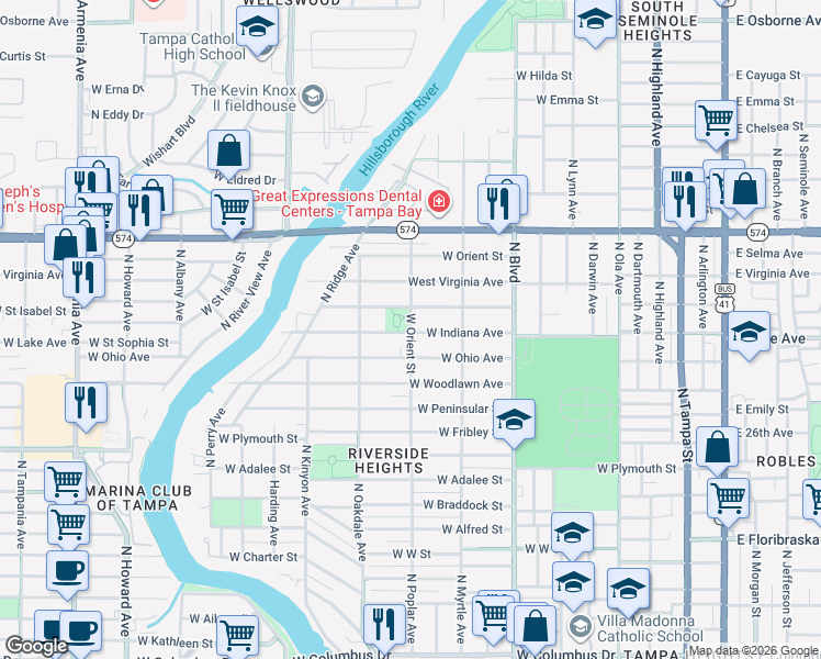 map of restaurants, bars, coffee shops, grocery stores, and more near 3710 North Poplar Avenue in Tampa